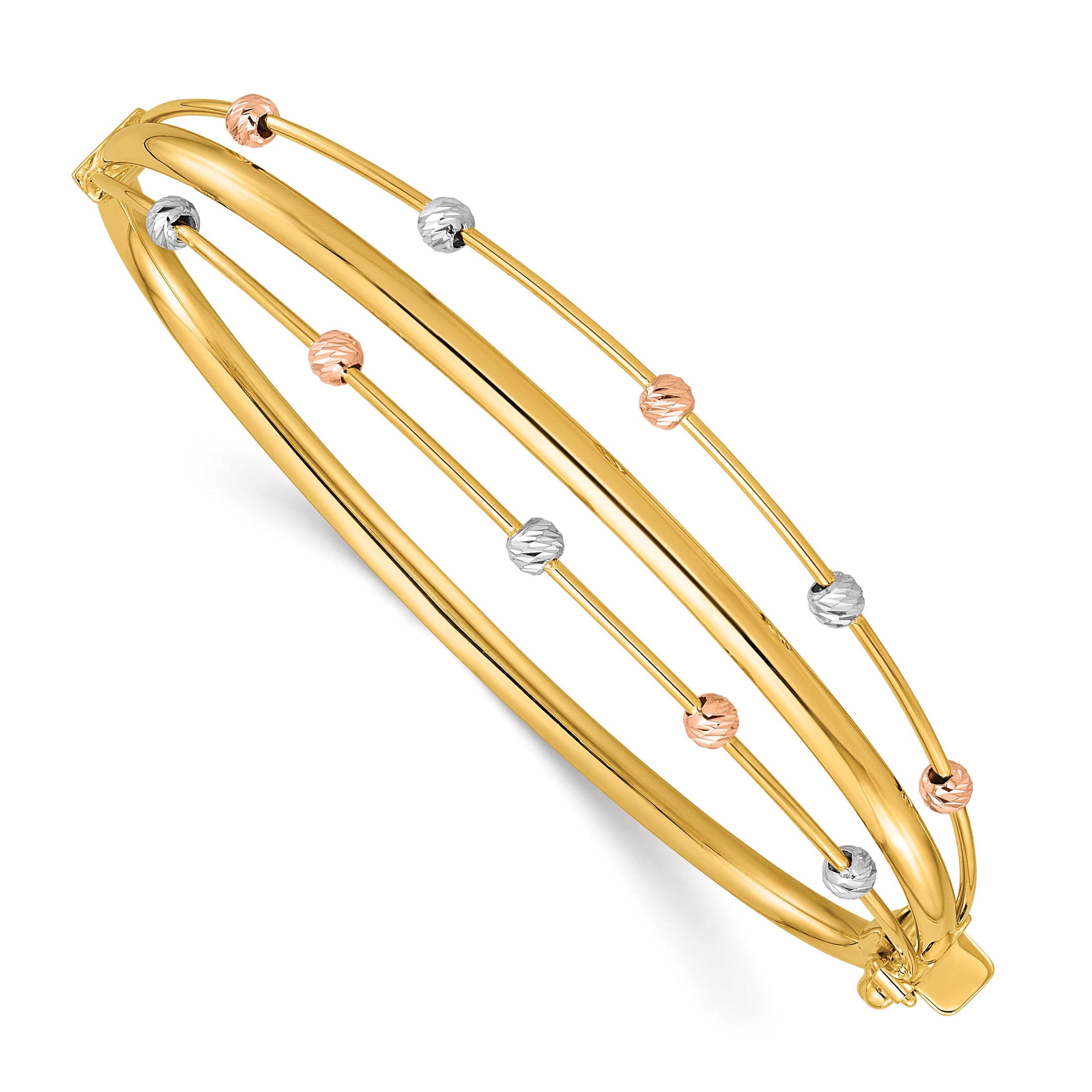 14k Tri-color Polished 3-Row Diamond-cut Beaded Hinged Oval Bangle Bracelet