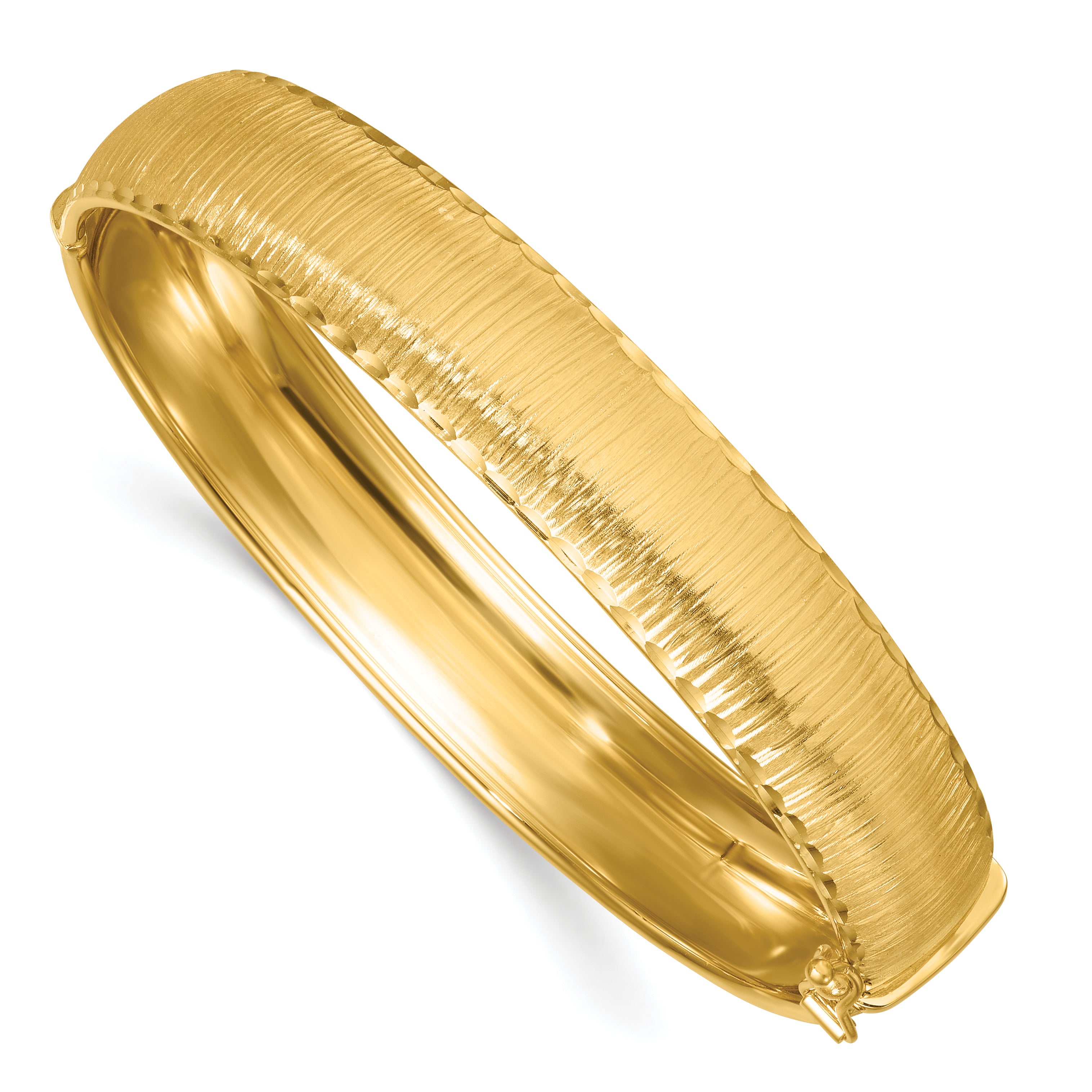 14k Polished Diamond-cut Textured 11.75mm Hinged Oval Bangle Bracelet