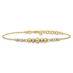 14K Two-Tone Polished Diamond-cut Round and Square Beaded 7 inch Bracelet with 1 inch Extension
