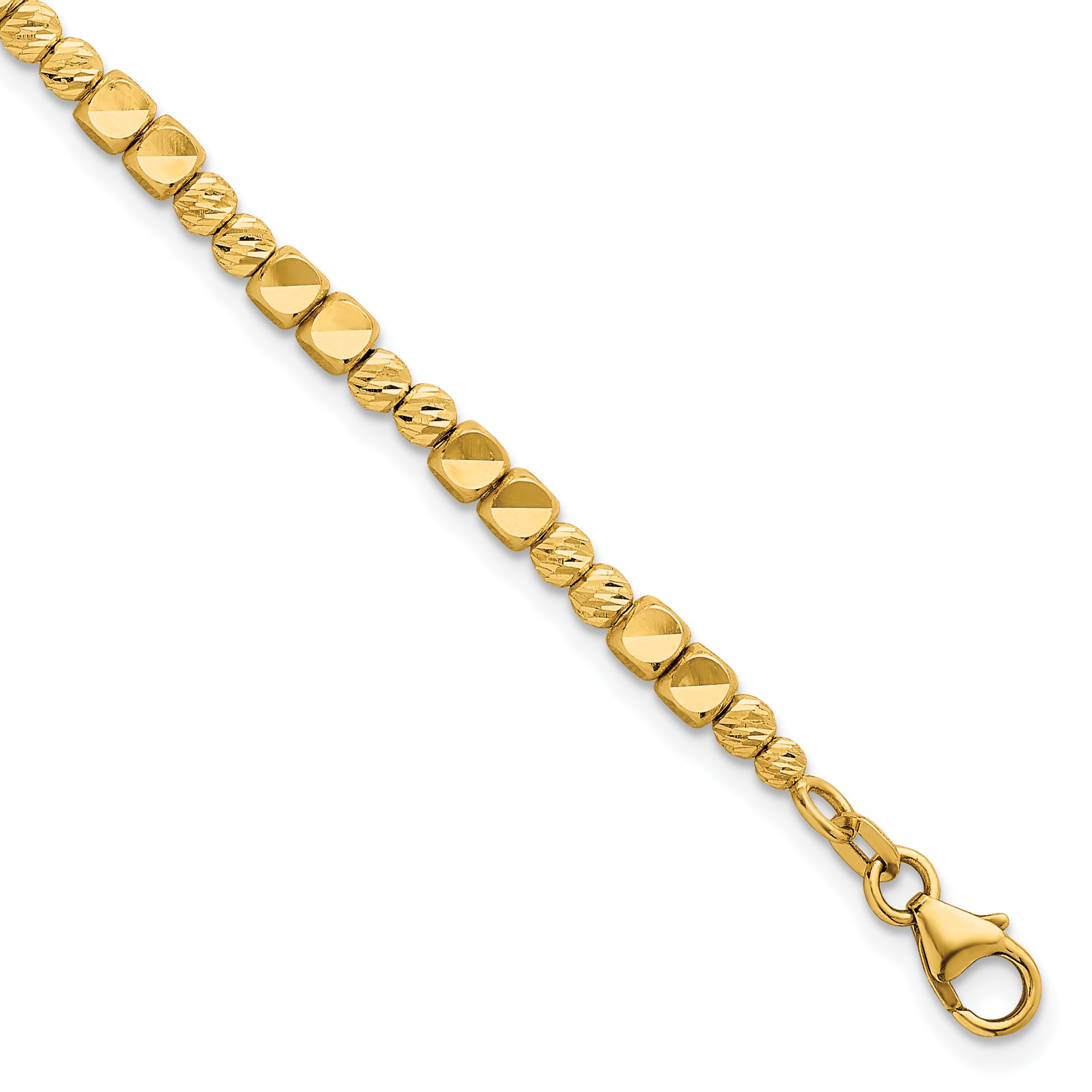 14K Polished Diamond-cut and Square Beaded 7 Inch Bracelet