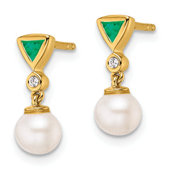 14K Polished Diamond and Emerald Pearl Dangle Post Earrings
