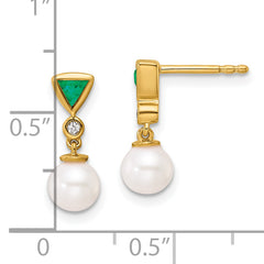 14K Polished Diamond and Emerald Pearl Dangle Post Earrings