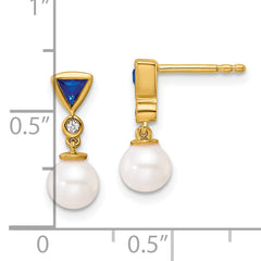 14K Polished Diamond and Sapphire Pearl Dangle Post Earrings