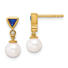 14K Polished Diamond and Sapphire Pearl Dangle Post Earrings