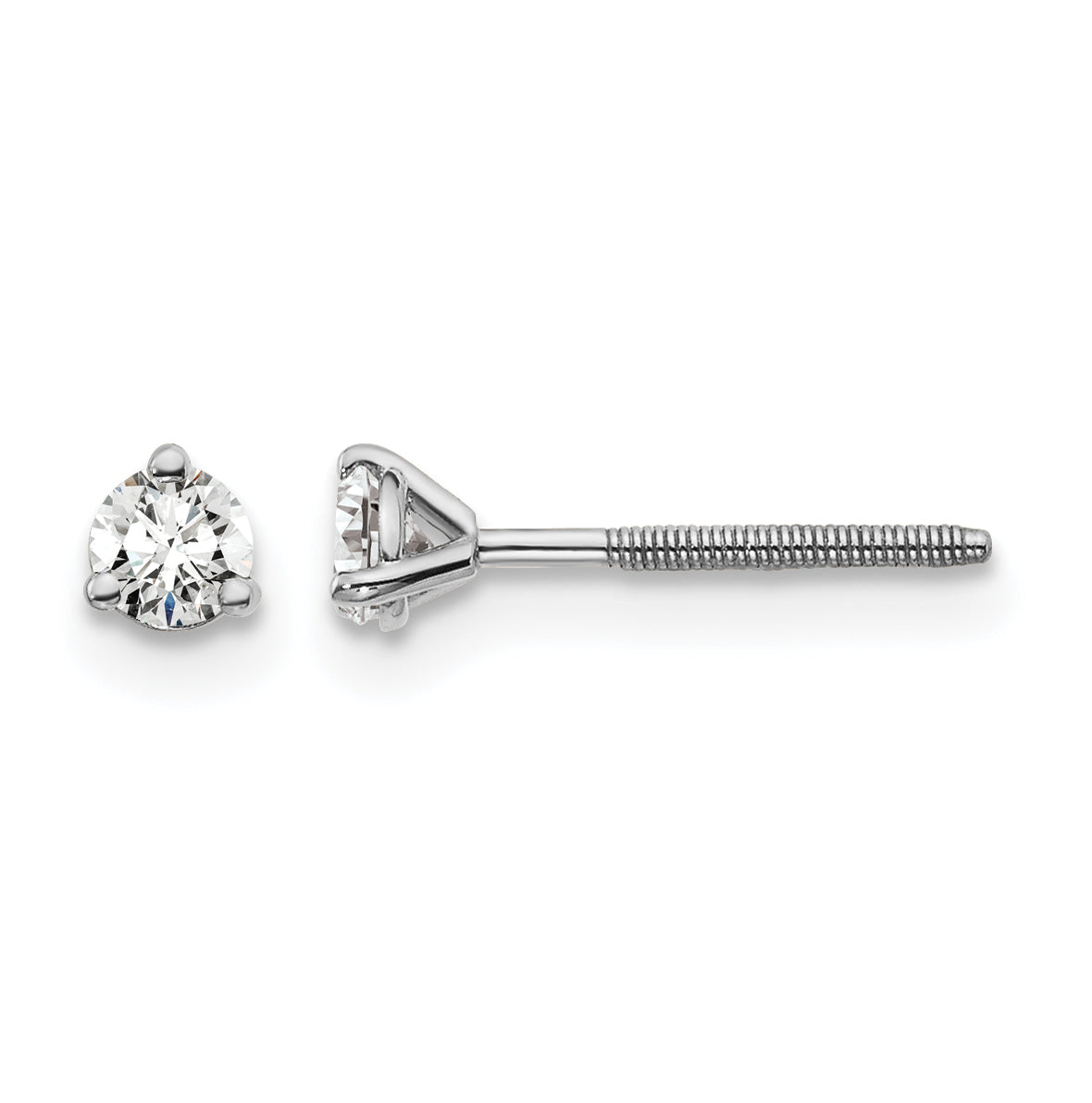 14k White Gold 1/5 carat Lab Grown Diamond VS/SI+ G+ Round Complete Three Prong Screwback Stud Earrings