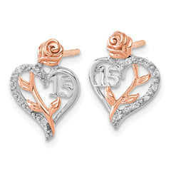 14K White and Rose Gold Diamond Quinceanera Heart Post Earrings
