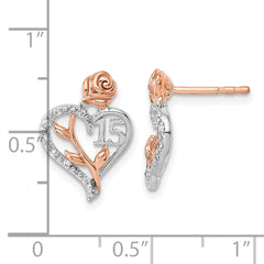 14K White and Rose Gold Diamond Quinceanera Heart Post Earrings