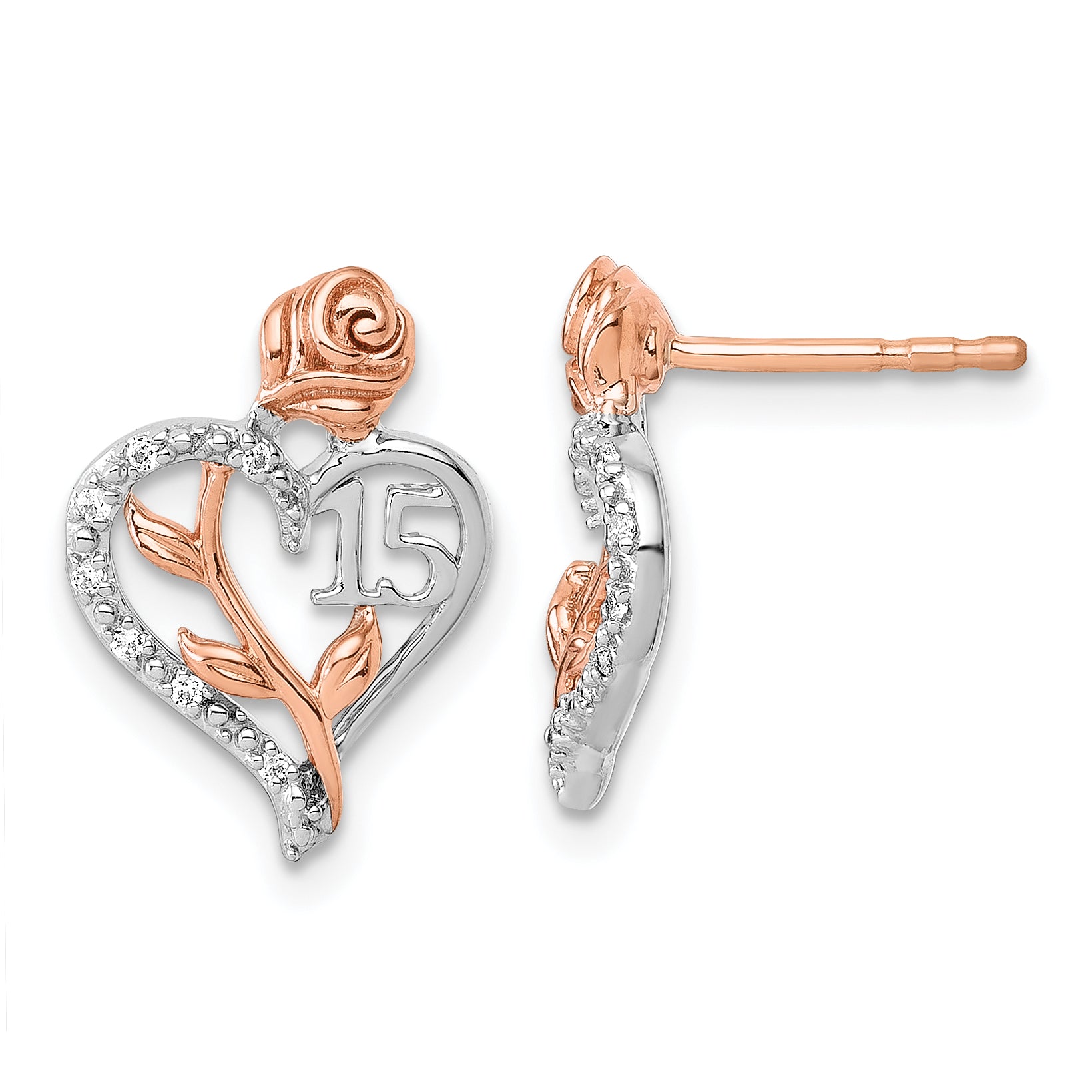 14K White and Rose Gold Diamond Quinceanera Heart Post Earrings