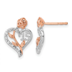 14K White and Rose Gold Diamond Quinceanera Heart Post Earrings