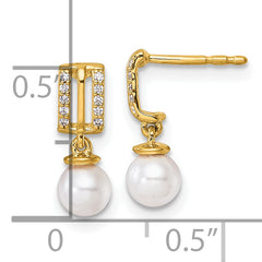 14K Polished 1/15 carat Diamond and White Freshwater Cultured Pearl Dangle Post Earrings