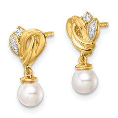 14K Polished 1/15 carat Diamond and White Freshwater Cultured Pearl Dangle Post Earrings