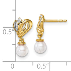 14K Polished 1/15 carat Diamond and White Freshwater Cultured Pearl Dangle Post Earrings