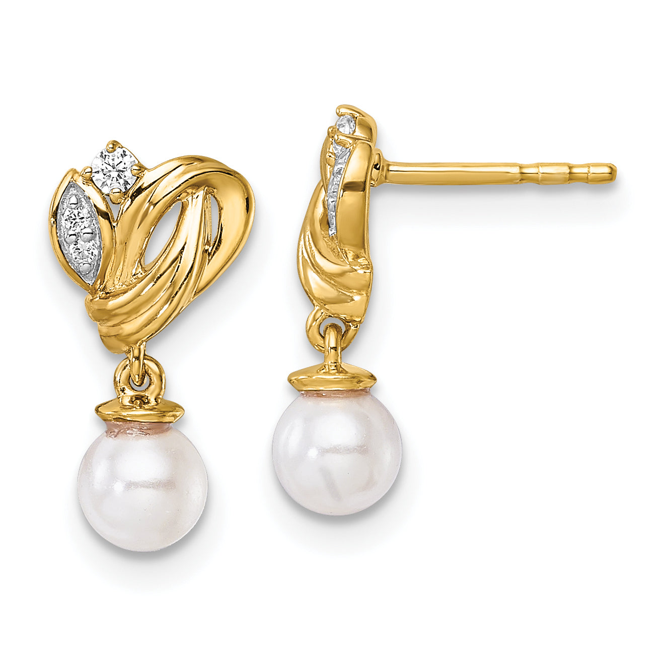 14K Polished 1/15 carat Diamond and White Freshwater Cultured Pearl Dangle Post Earrings