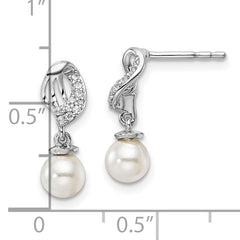 14K White Gold Polished 1/20 carat Diamond and White Freshwater Cultured Pearl Dangle Post Earrings