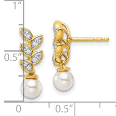 14K Polished 1/10 carat Diamond and White Freshwater Cultured Pearl Leaf Design Dangle Post Earrings