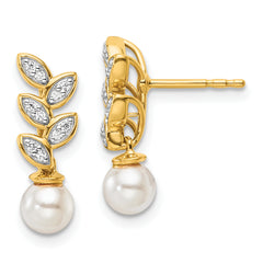 14K Polished 1/10 carat Diamond and White Freshwater Cultured Pearl Leaf Design Dangle Post Earrings