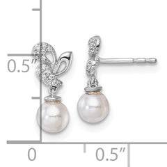 14K White Gold Polished 1/10 carat Diamond and White Freshwater Cultured Pearl Dangle Post Earrings