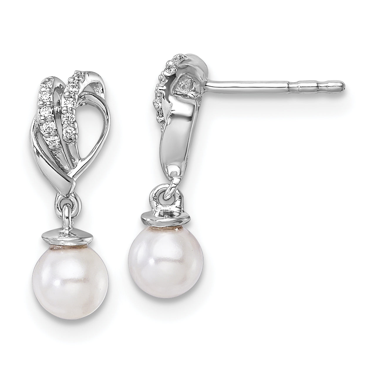 14K White Gold Polished 1/15 carat Diamond and White Freshwater Cultured Pearl Dangle Post Earrings