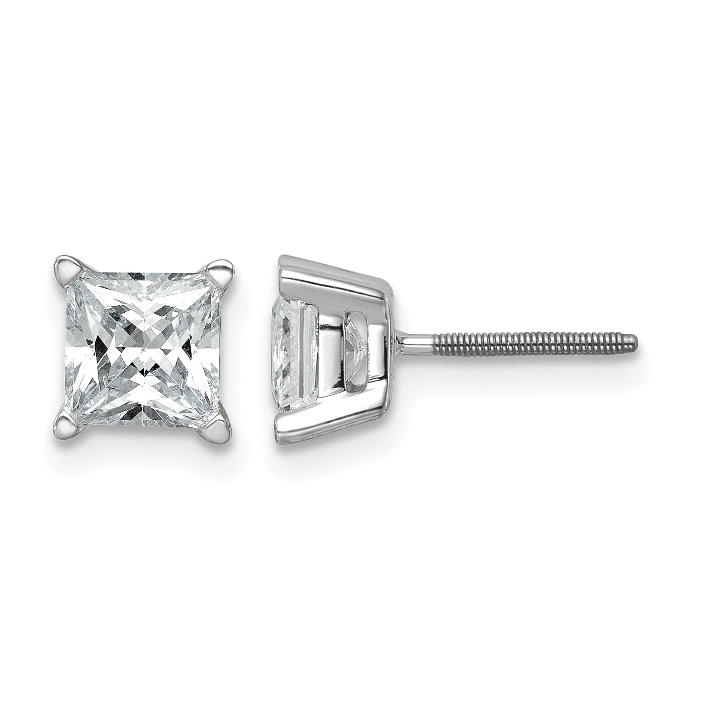 14k White Gold 1 1/2 carat Certified Lab Grown Diamond VS+ F+ Princess Complete Four Prong Screwback Stud Earrings