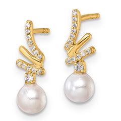 14K Polished 1/10 carat Diamond and White Freshwater Cultured Pearl Drop Post Earrings