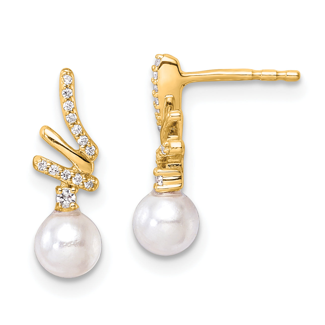 14K Polished 1/10 carat Diamond and White Freshwater Cultured Pearl Drop Post Earrings
