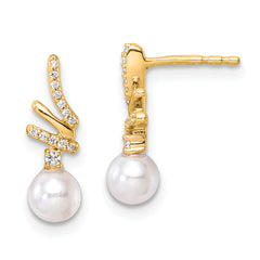 14K Polished 1/10 carat Diamond and White Freshwater Cultured Pearl Drop Post Earrings