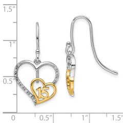 14K Two-tone Polished Diamond Quinceanera Heart Dangle Earrings