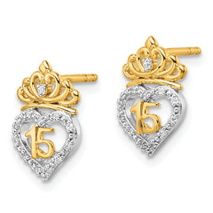 14K Two-tone Polished Diamond Quinceanera Heart/Crown Post Earrings