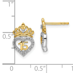 14K Two-tone Polished Diamond Quinceanera Heart/Crown Post Earrings