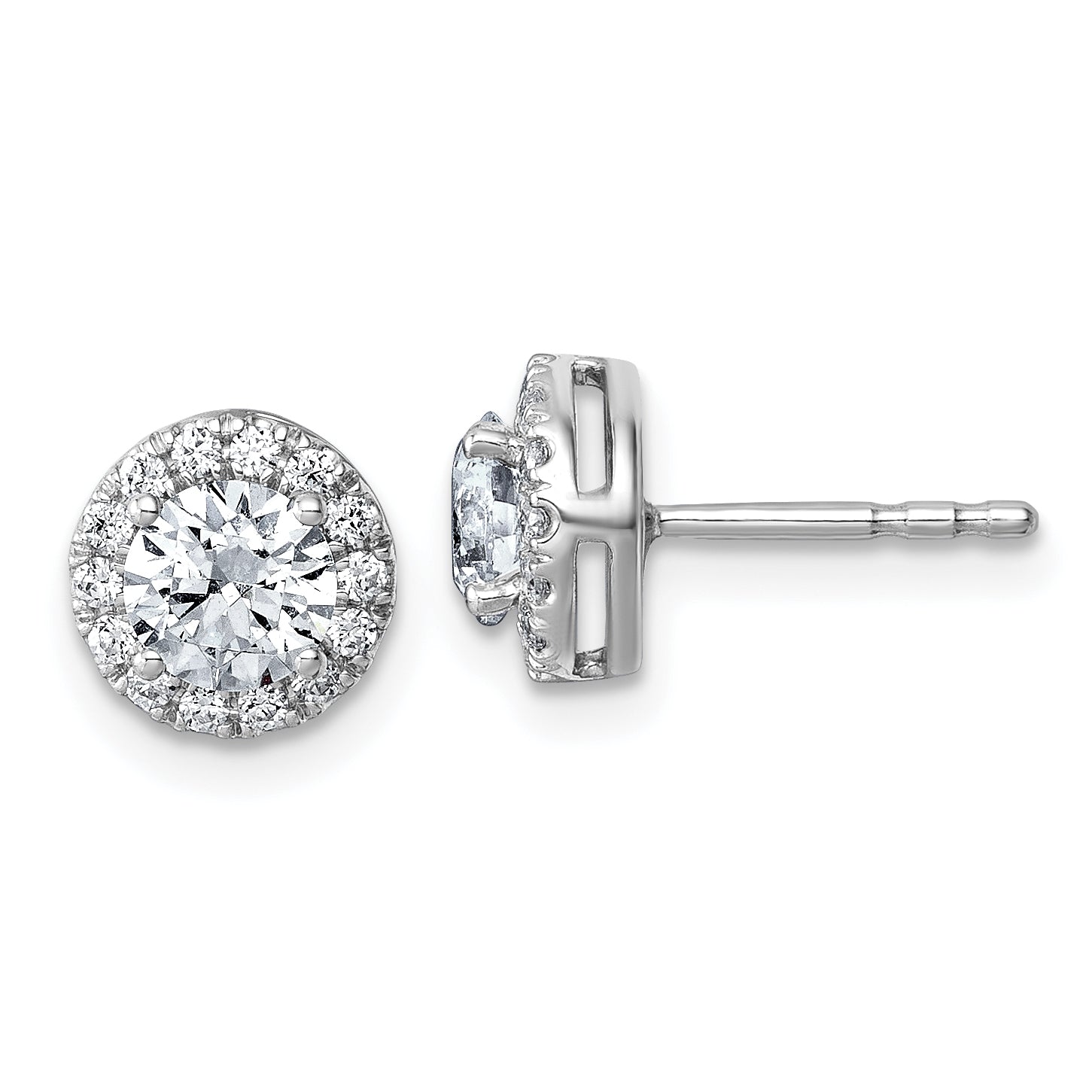 14k White Gold 1 1/5 carat Lab Grown Diamond VS+ F+ Round Complete Halo Post Earrings