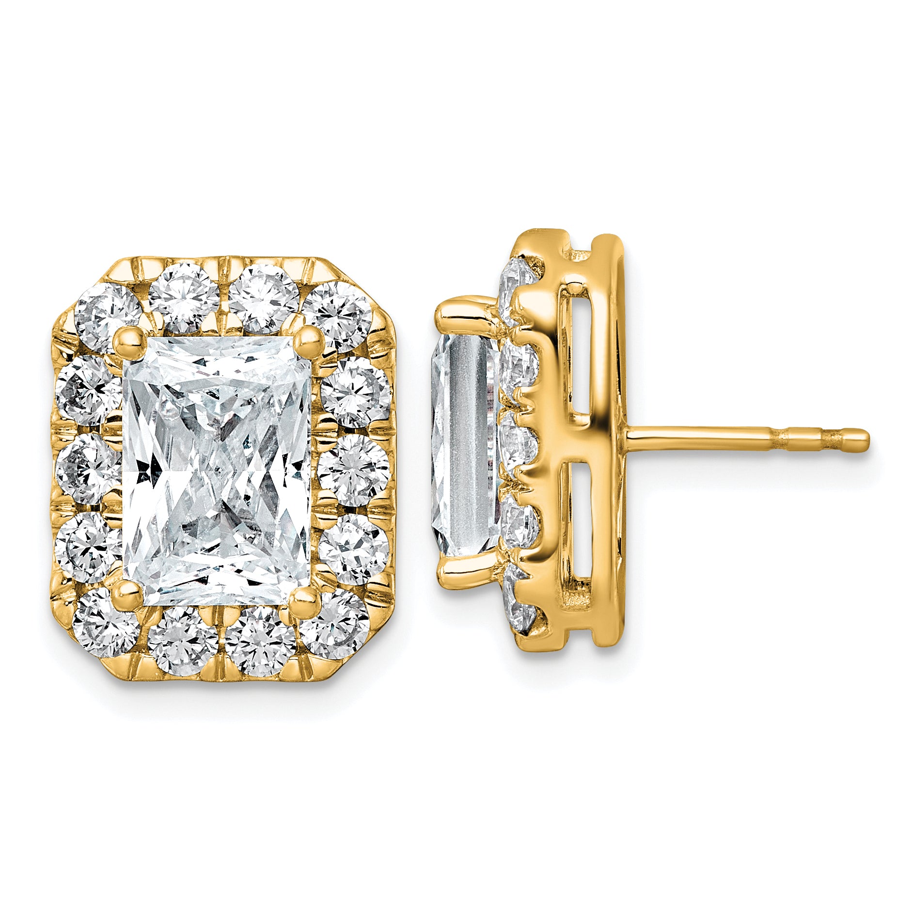 14k 7 carat Lab Grown Diamond VS+ F+ Complete Emerald Halo Post Earrings