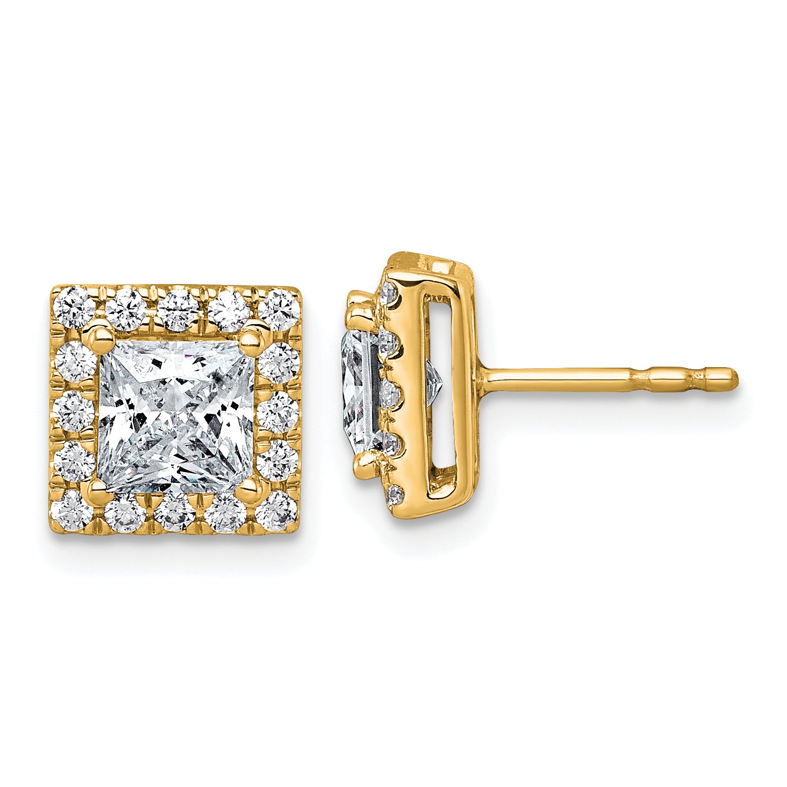 14k 2 1/2 carat Lab Grown Diamond VS+ F+ Complete Princess Halo Post Earrings