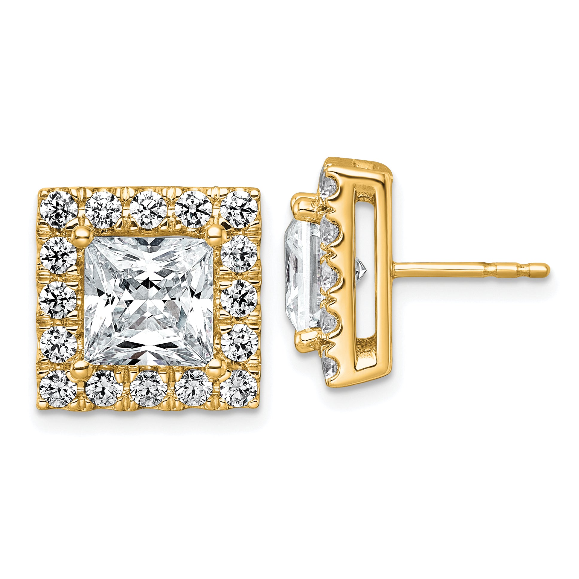 14k 6 1/2 carat Lab Grown Diamond VS+ F+ Complete Princess Halo Post Earrings