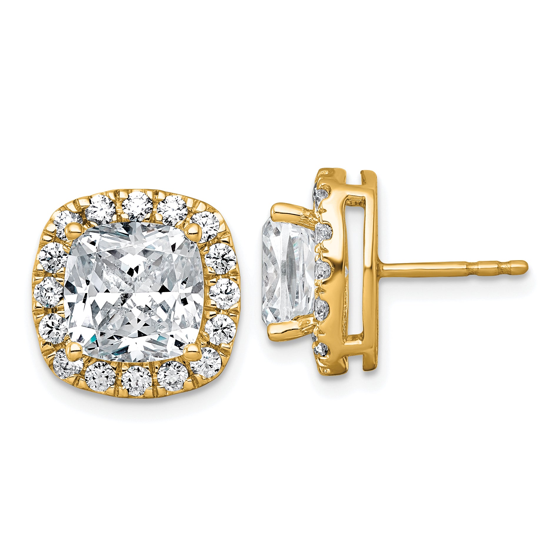 14k 7 carat Lab Grown Diamond VS+ F+ Complete Cushion Halo Post Earrings