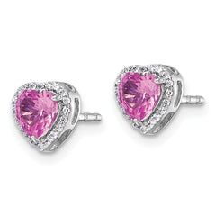 14k White Gold 1/8 carat Lab Grown Diamond VS+ F+ and Pink Sapphire Complete Heart Halo Post Earrings
