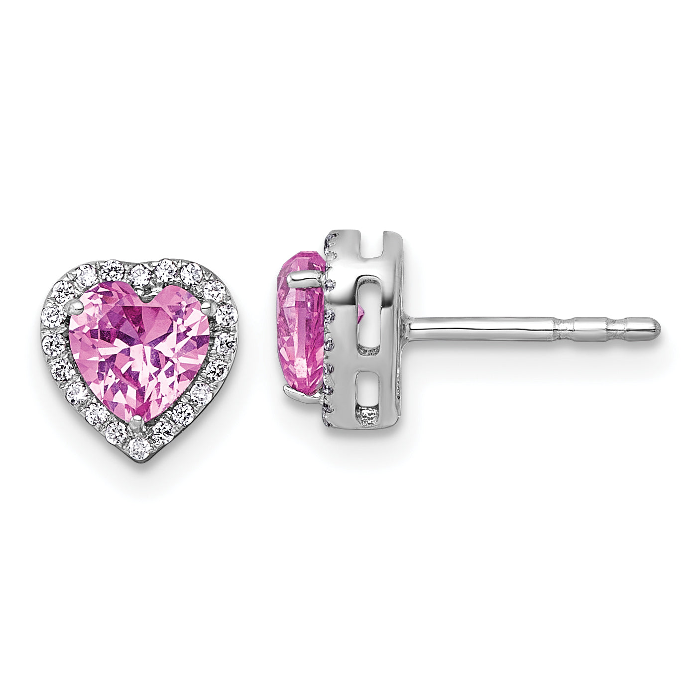 14k White Gold 1/8 carat Lab Grown Diamond VS+ F+ and Pink Sapphire Complete Heart Halo Post Earrings