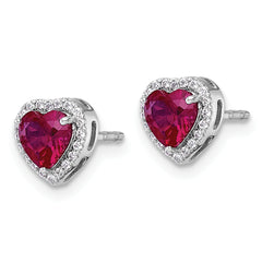 14k White Gold 1/8 carat Lab Grown Diamond VS+ F+ and Ruby Complete Heart Halo Post Earrings