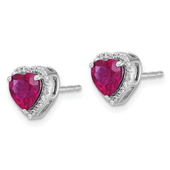 14k White Gold 1/6 carat Lab Grown Diamond VS+ F+ and Ruby Complete Heart Halo Post Earrings