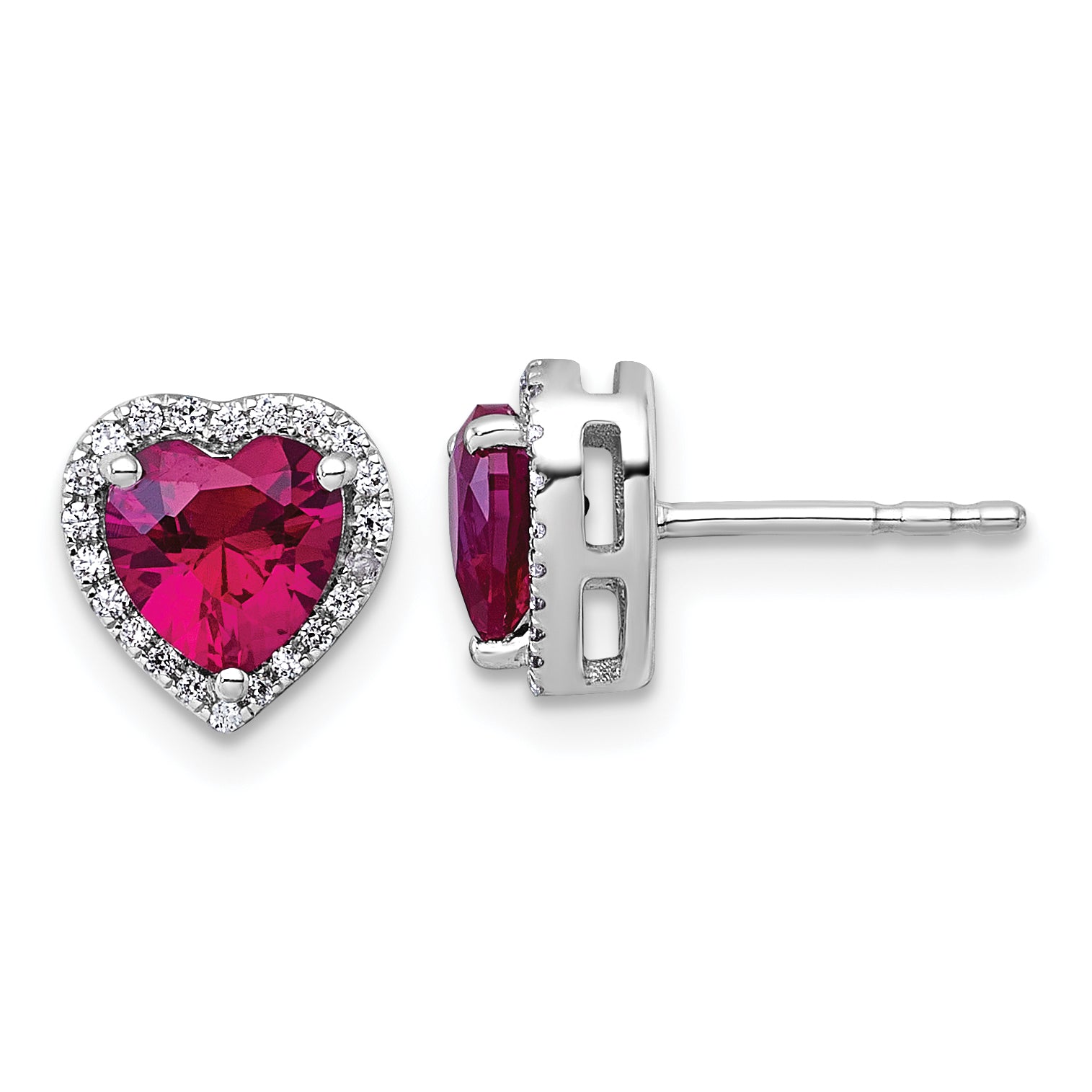 14k White Gold 1/6 carat Lab Grown Diamond VS+ F+ and Ruby Complete Heart Halo Post Earrings