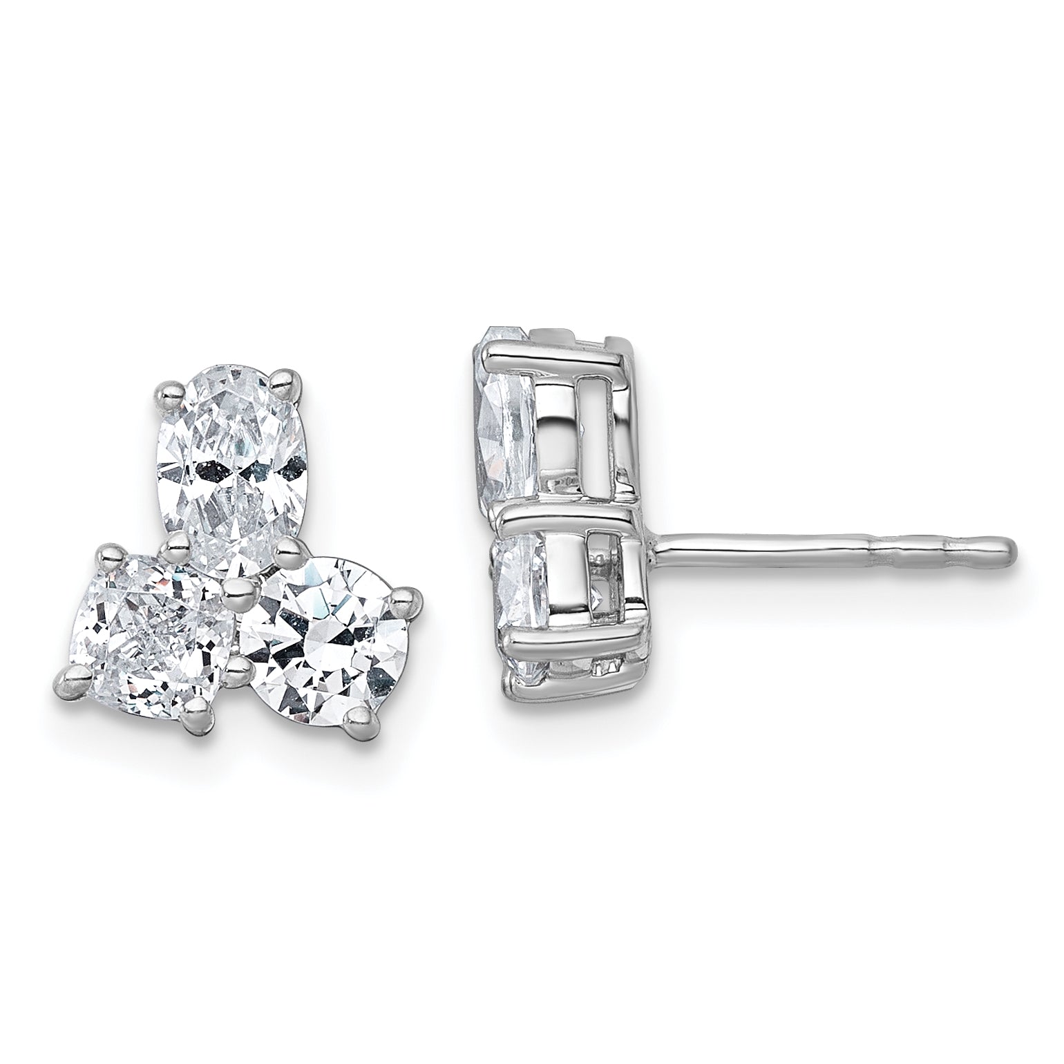14k White Gold 1 7/8 carat Lab Grown Diamond VS+ F+ Complete Cushion Round and Oval Three Stone Post Earrings