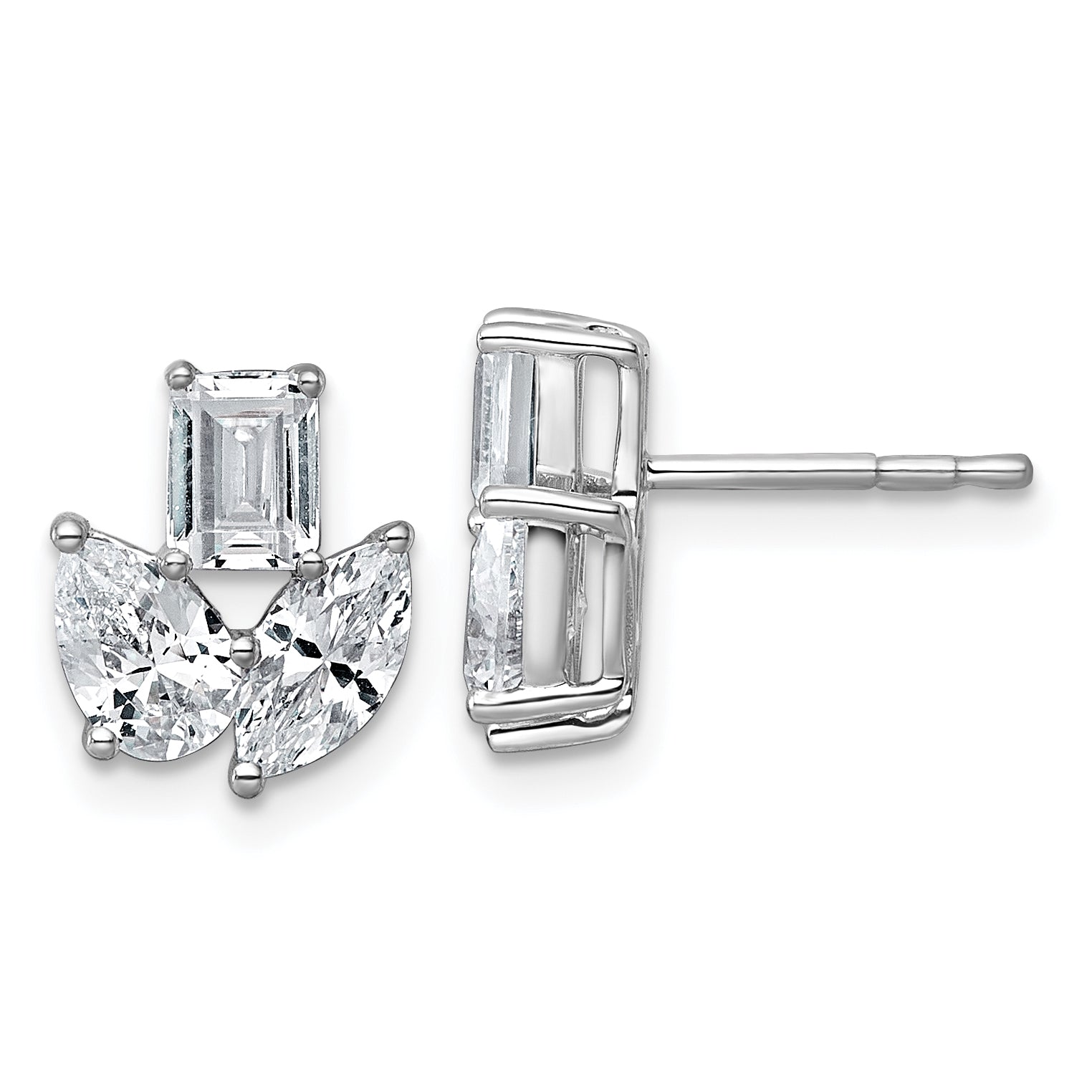 14k White Gold 2 carat Lab Grown Diamond VS+ F+ Complete Emerald Marquise and Pear Three Stone Post Earrings