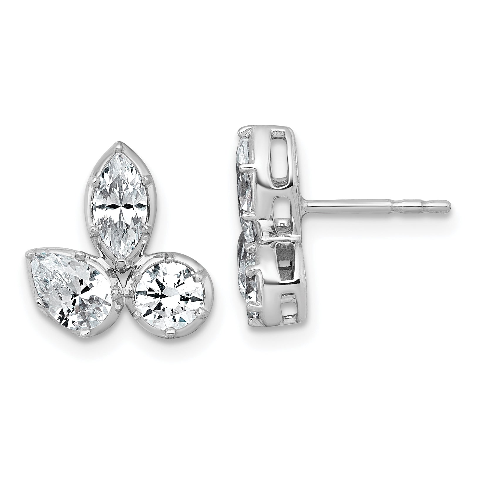 14k White Gold 1 7/8 carat Lab Grown Diamond VS+ F+ Complete Pear Round and Marquise Three Stone Post Earrings