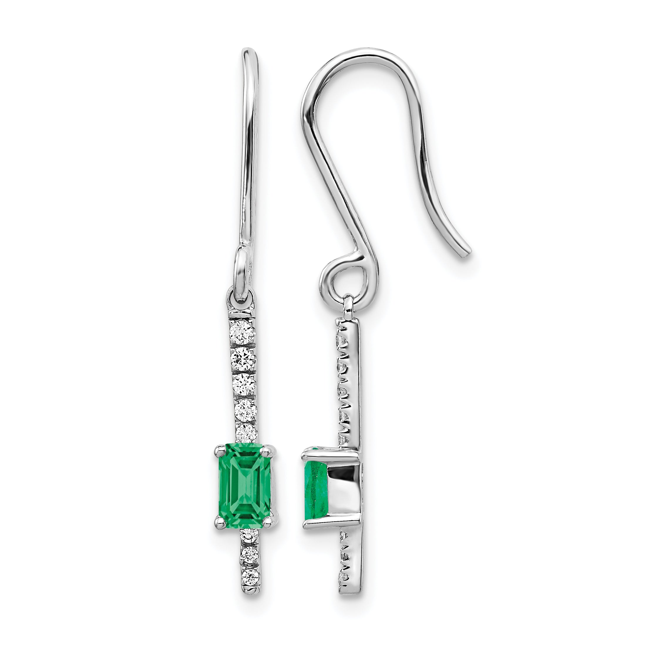 14k White Gold 1/8 carat Lab Grown Diamond VS/SI+ G+ and Created Emerald Complete Sheppards Hook Earrings