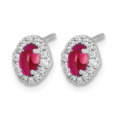 14k White Gold 1/6 carat Lab Grown Diamond VS/SI+ G+ and Oval Created Ruby Complete Halo Post Earrings