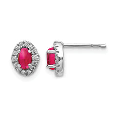 14k White Gold 1/6 carat Lab Grown Diamond VS/SI+ G+ and Oval Created Ruby Complete Halo Post Earrings