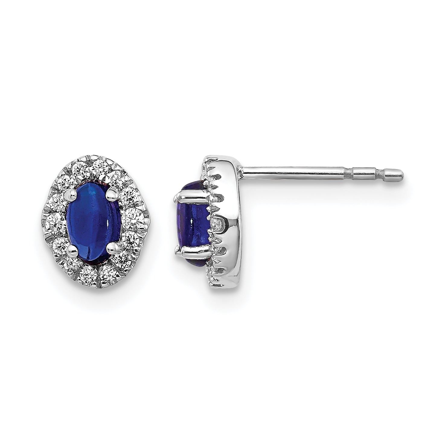 14k White Gold 1/6 carat Lab Grown Diamond VS/SI+ G+ and Oval Created Sapphire Halo Post Earrings