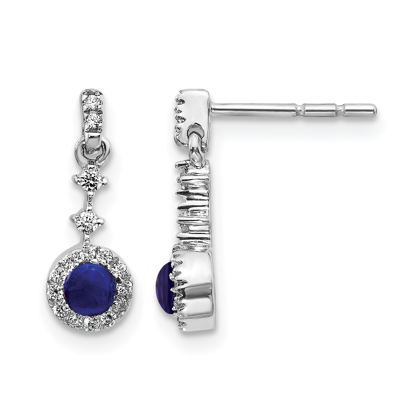 14k White Gold 1/6 carat Lab Grown Diamond VS/SI+ G+ and Cabochon Created Sapphire Complete Dangle Post Earrings