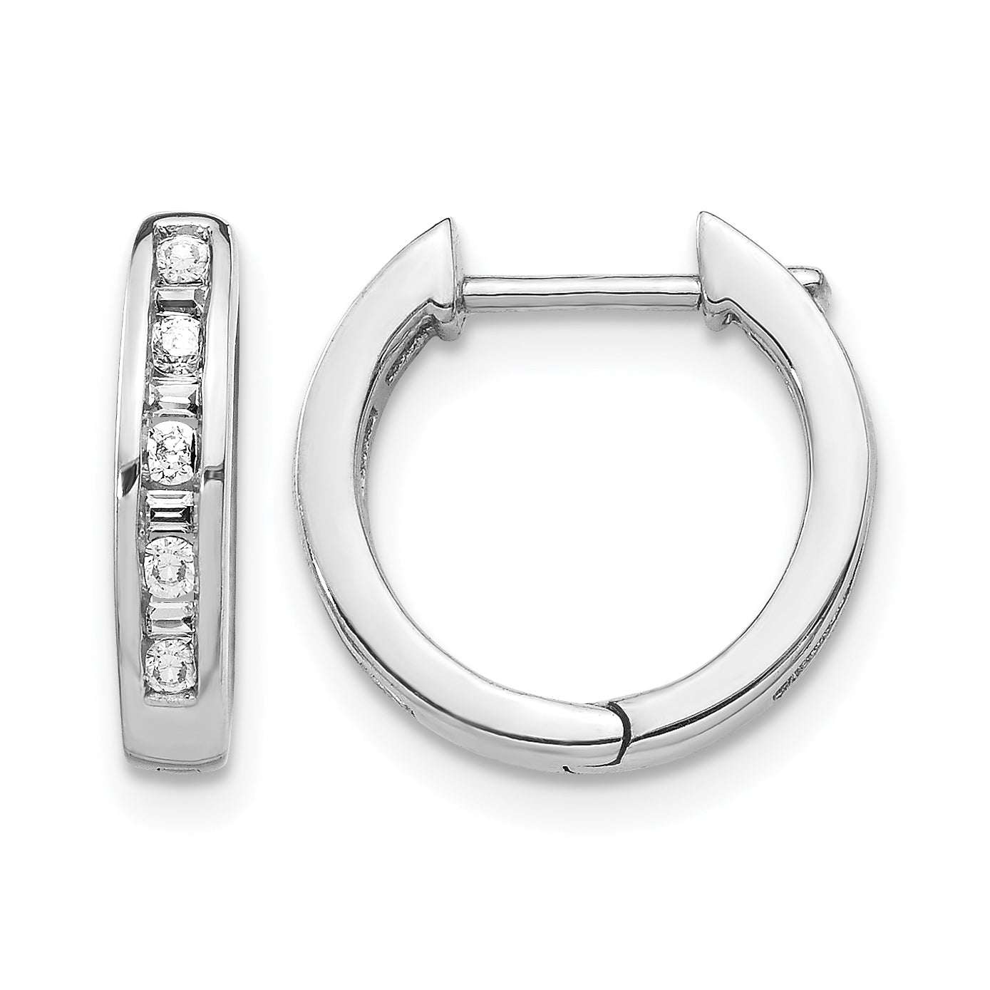 10k White Gold Round/Baguette Diamond Hinged Hoop Earrings