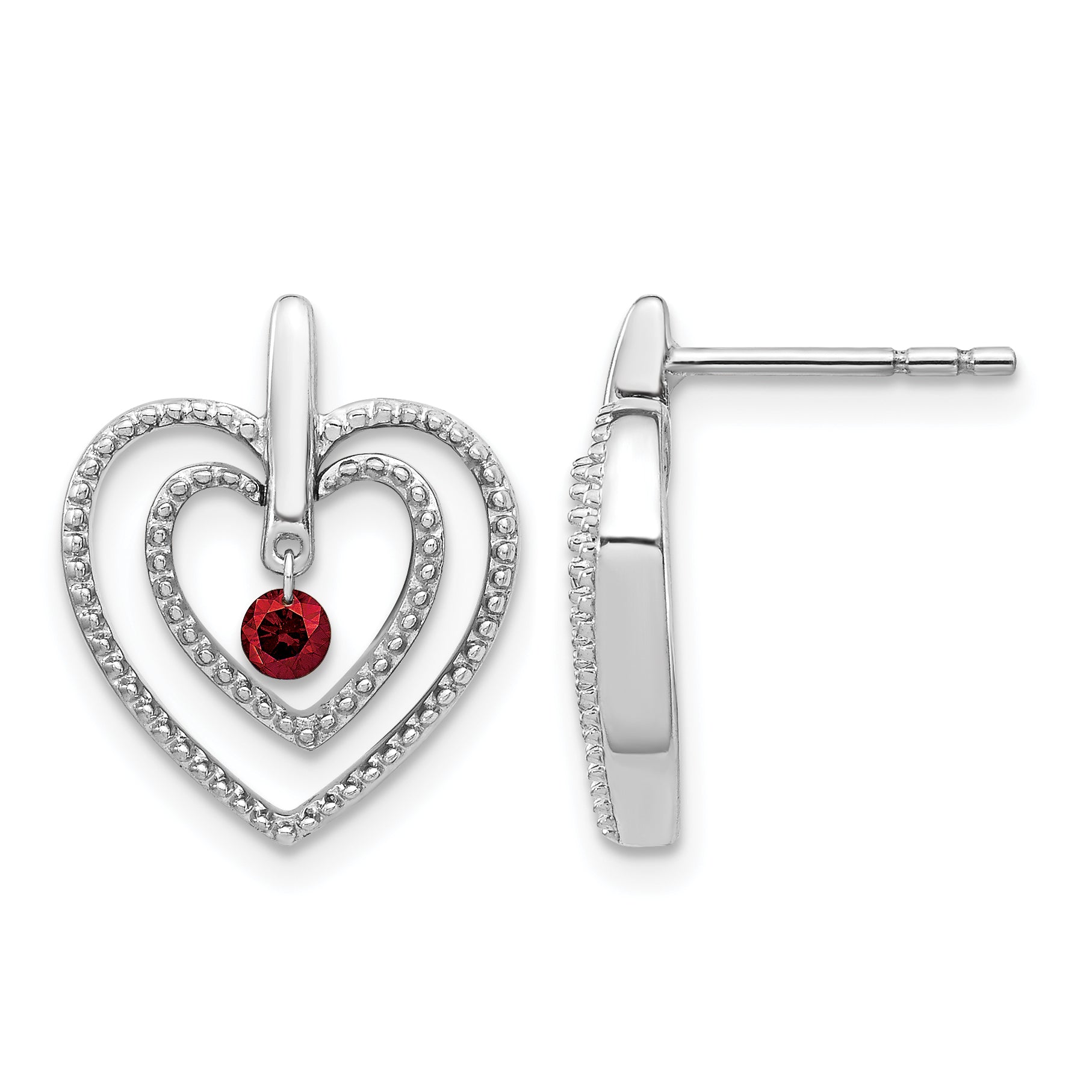 14k White Gold Red Diamond Heart Post Earrings