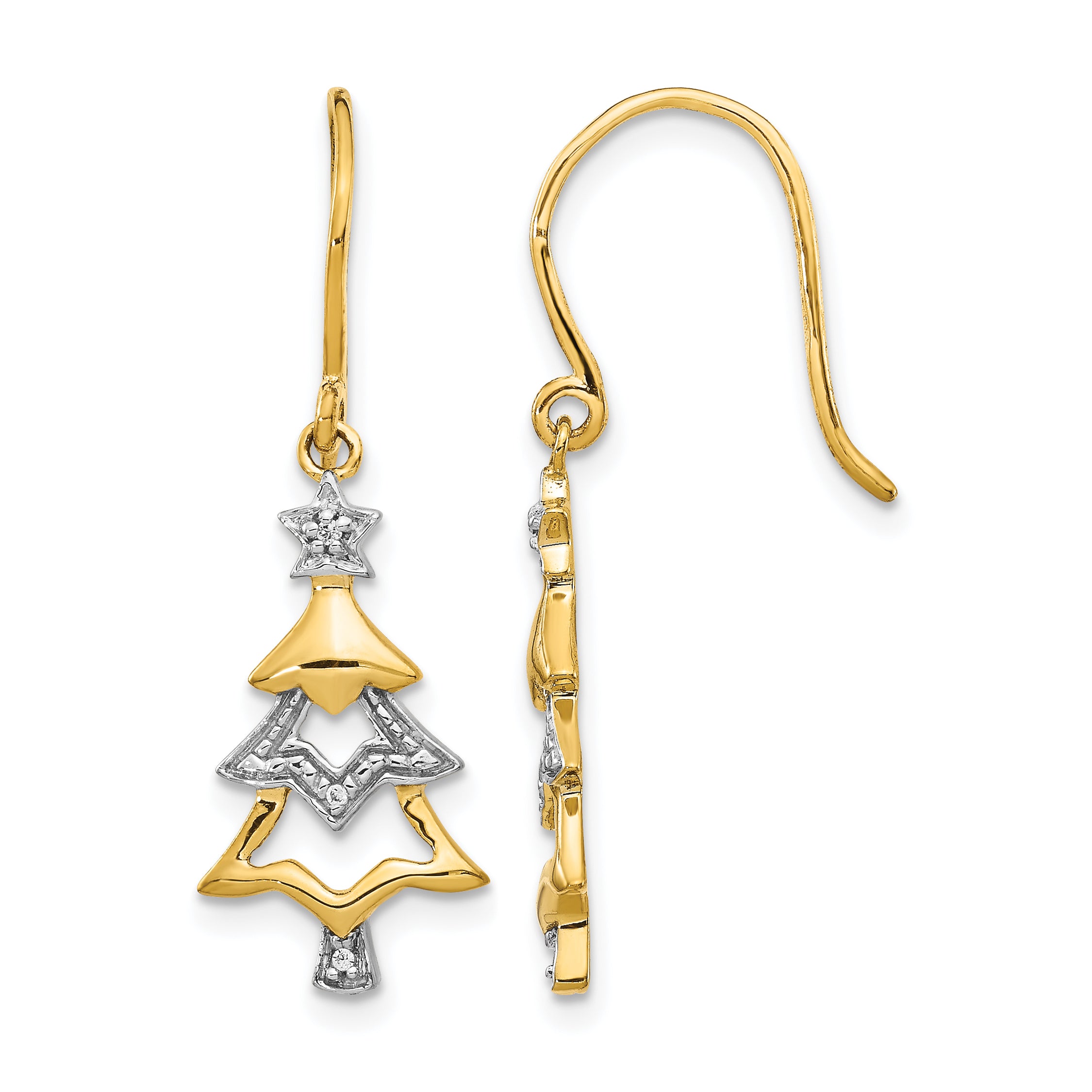 14k and Rhodium Diamond Christmas Tree Dangle Earrings